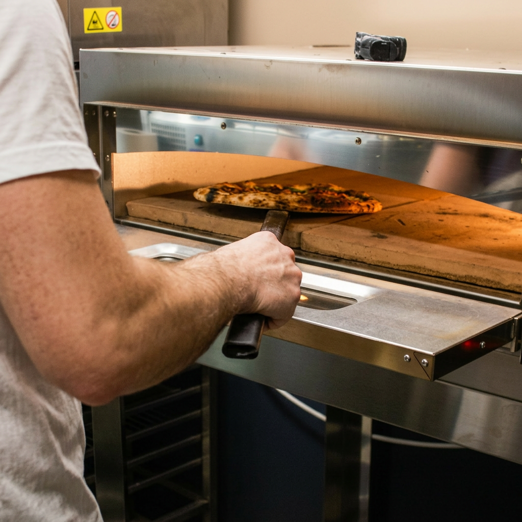 Fresh pizza being handled at the oven